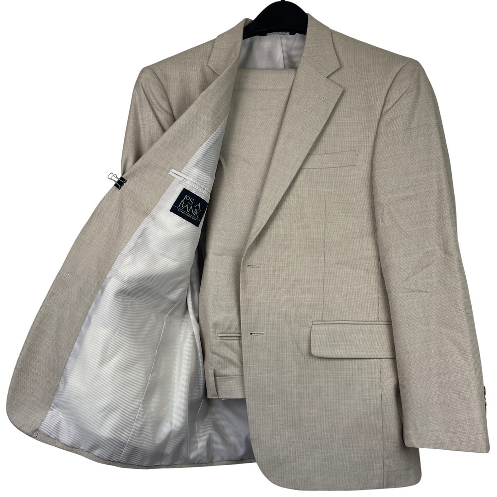 Jos A Bank 2-Piece Suit Mens 40S 34x30 Wool Cotton Microcheck Tan 2 Button